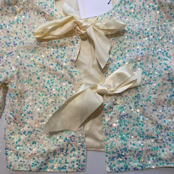NEW Womens Sugarlips Sequin Crew Long Sleeve Satin Bow Tie White Jacket  $79 - Picture 5 of 10